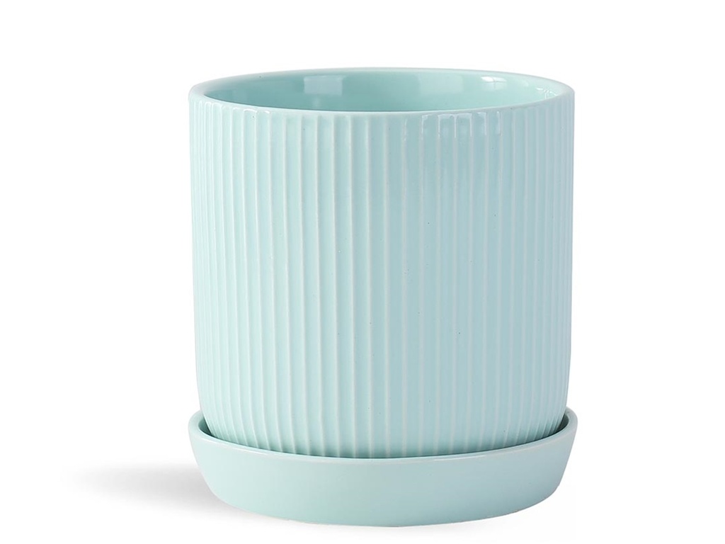 [PD-I6087PLG-A-C2] FLUTED CYLINDER PLANTER WITH ATTACHED SAUCER, PASTEL GREEN, 11"x11.5", SOLD IN CASE OF 2