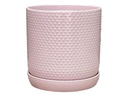 DOTTED CYLINDER PLANTER WITH ATTACHED SAUCER, PASTEL BABY PINK, 5.0"x5.5", SOLD IN CASE OF 8