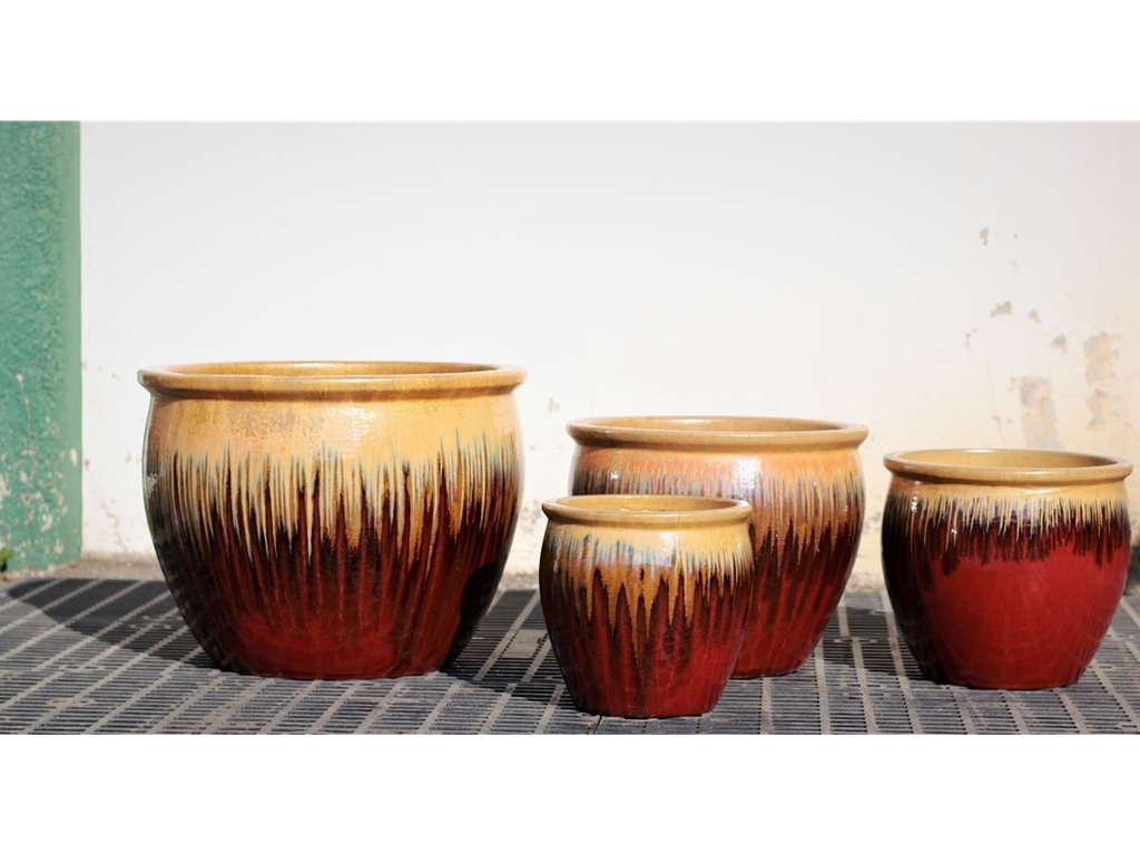 [PF-9058GOX-S4] FISHBOWL GARDEN PLANTER, GOLD ON OX RED, 19.5"X15.5", 15.5"X14", 12"X11.5", 8.5"X9.5"