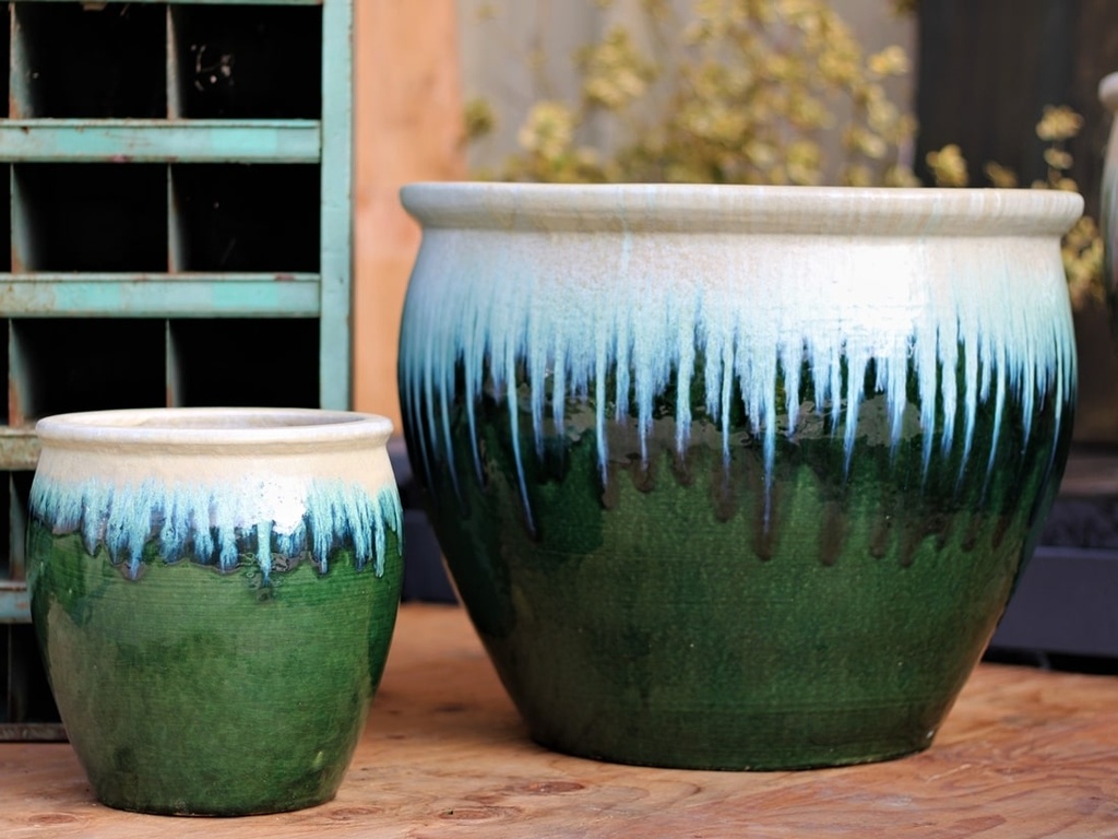 [PF-9058PFG-S4] FISHBOWL GARDEN PLANTER, PEARL ON FOREST GREEN, SET OF 4- 19.5"X15.5", 15.5"X14", 12"X11.5", 8.5"X9.5"