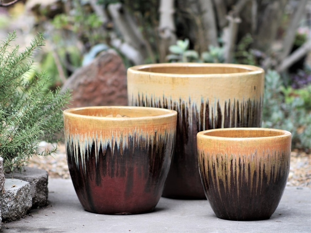 [PF-9112GOX-S4] MANDEVILLA TAPERED PLANTER, GOLD  ON OX RED, SET OF 4- 18"X17.5", 15"X12.5", 11.5"X10.5", 7.5"X6.5"