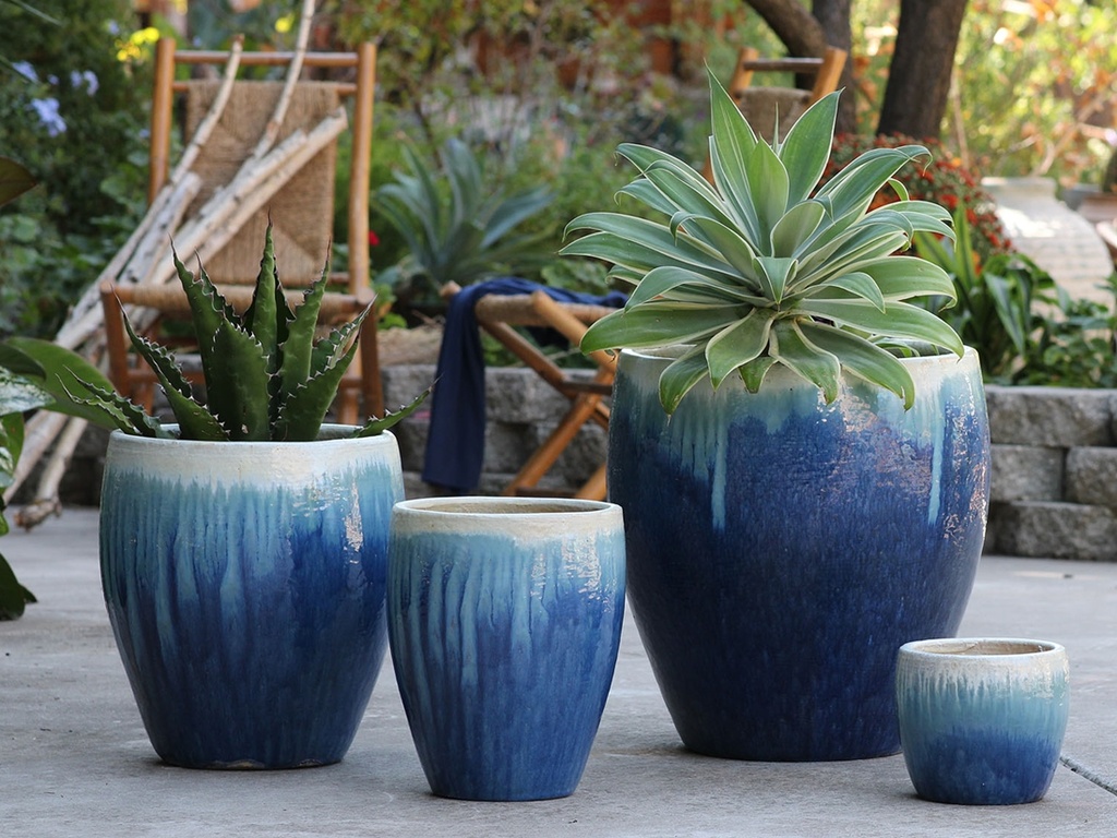 [PF-9270PSB-S4] VICTORIA AGAVE PLANTER, PEARL ON SEA FOAM BLUE, SET OF 4- 19.5"X21", 15.5"X16.5", 11"X12.5", 8"X7"