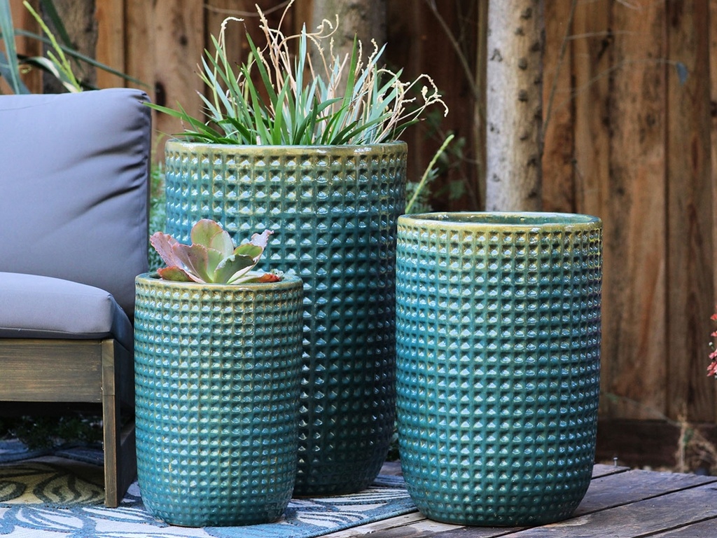 [PV-CG8259TQG-S3] TALL WAFFLE PLANTER, TURQUOISE GREEN,  SET OF UP, 16.5"X23.5", 13.5"X19.5", 10.5"X15.5"