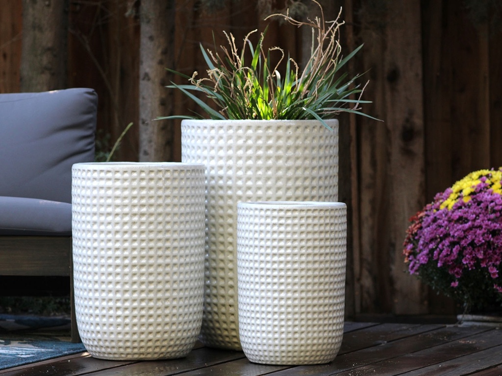 [PV-CG8259WST-S3] TALL WAFFLE PLANTER, WHITE SATIN, SET OF 3, 16.5"X23.5", 13.5"X19.5", 10.5"X15.5"