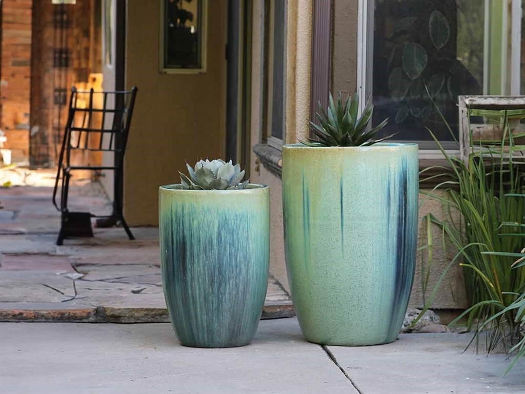 [PV-LB208CSG-S2] TALL BARREL  PLANTERS, CRYSTAL GREEN, SET OF 2 - 22"X32.5", 18"X26"