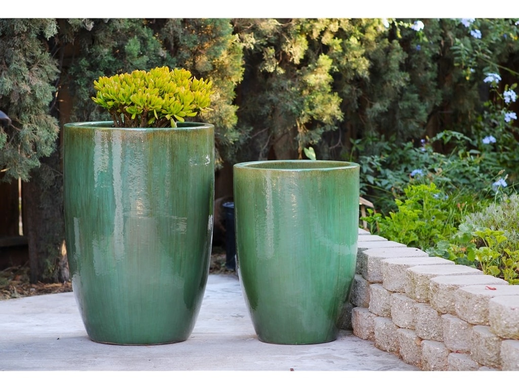 [PV-LB208GNS-S2] TALL BARREL PLANTERS, GREEN STREAM, SET OF 2 - 22"X32.5", 18"X26"