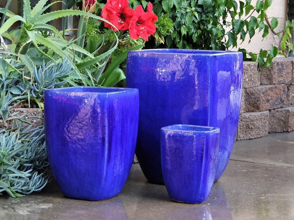 [PV-LB513FB-S3] ROUND SQUARE POTS, FALLING BLUE, SET OF 3 - 16.5”X22.5”, 12.0”X17.0”, 8.0”X11.0”