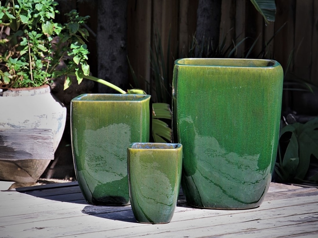 [PV-LB513FRG-S3] ROUND SQUARE POTS, FERN GREEN, SET OF 3 - 16.5”X22.5”, 12.0”X17.0”, 8.0”X11.0”
