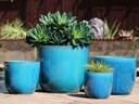 EGG SHELL POTS, FALLING AQUA, SET OF 4- 22.5" X 18.0", 17.5" X 15.0", 14.0" X 12.0", 11.5" X 12.0"