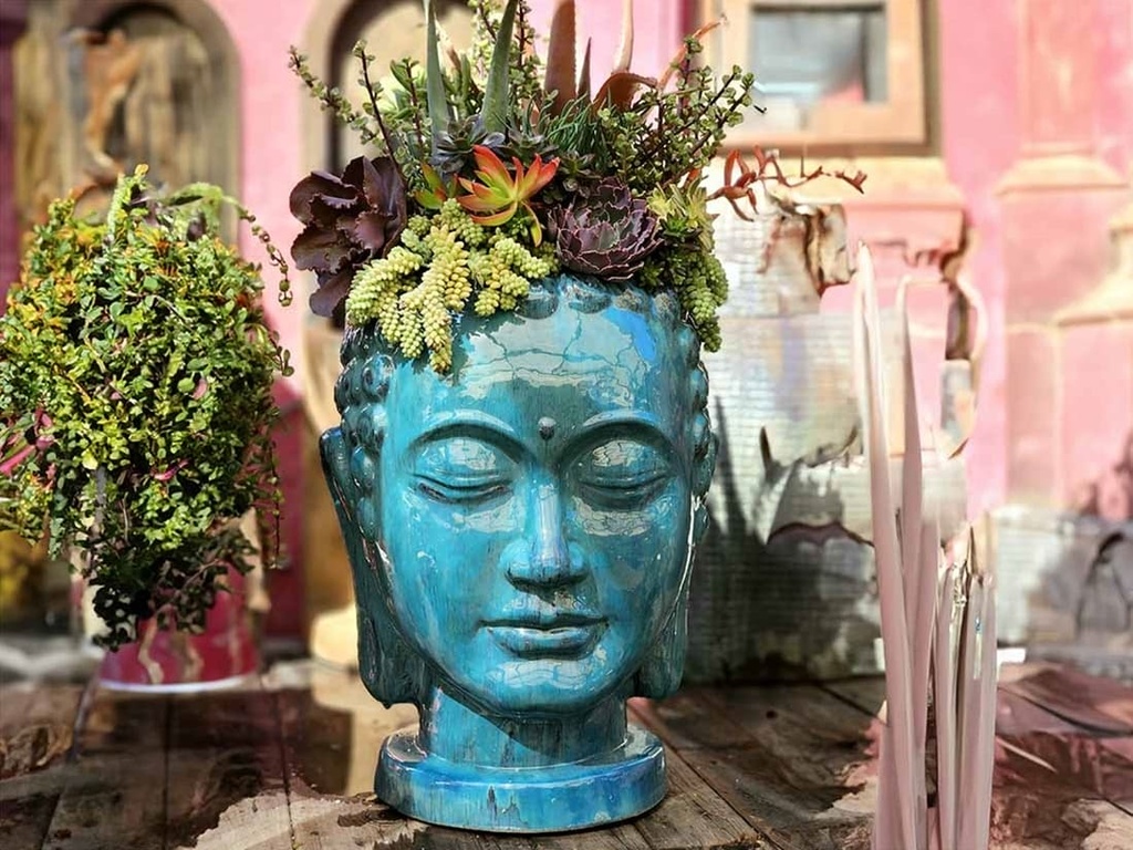 [PV-LBST07FAQ-A] LARGE BUDDHA HEAD PLANTER, FALLING AQUA, SIZE A, 17.5" X24.5"