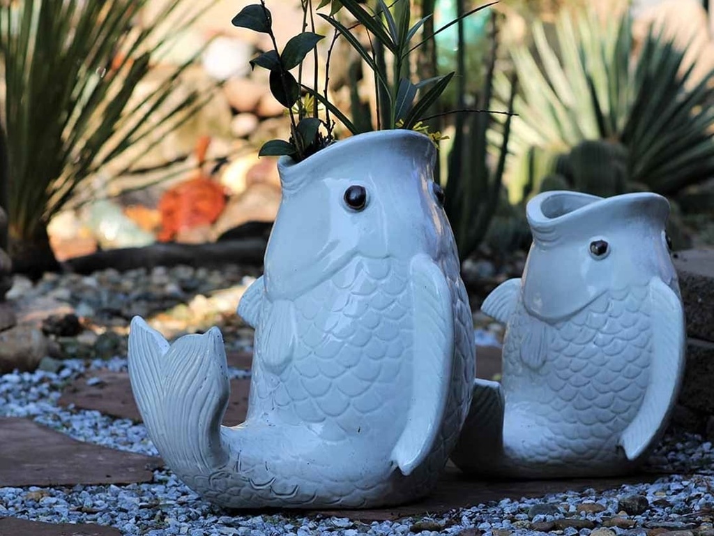 [PV-LBST11WNS-A] LARGE LEAPING CARP, WHITE NATURE STONE 18"X17"X20"