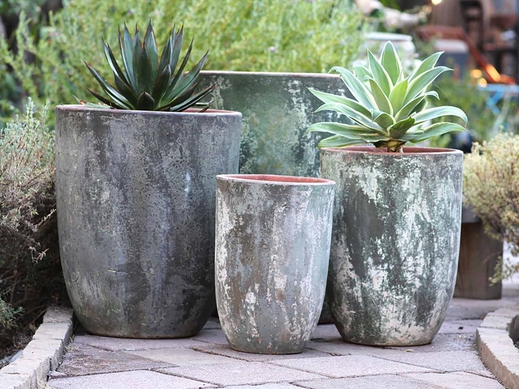 [PV-TS2306VDG-S4] MILANO TALL BARREL PLANTER, VERDIGRIS, SET OF 4 -23.0"X26.5", 18.5" X 23.0", 14.5" X 19.0", 11.0" X 17.0"