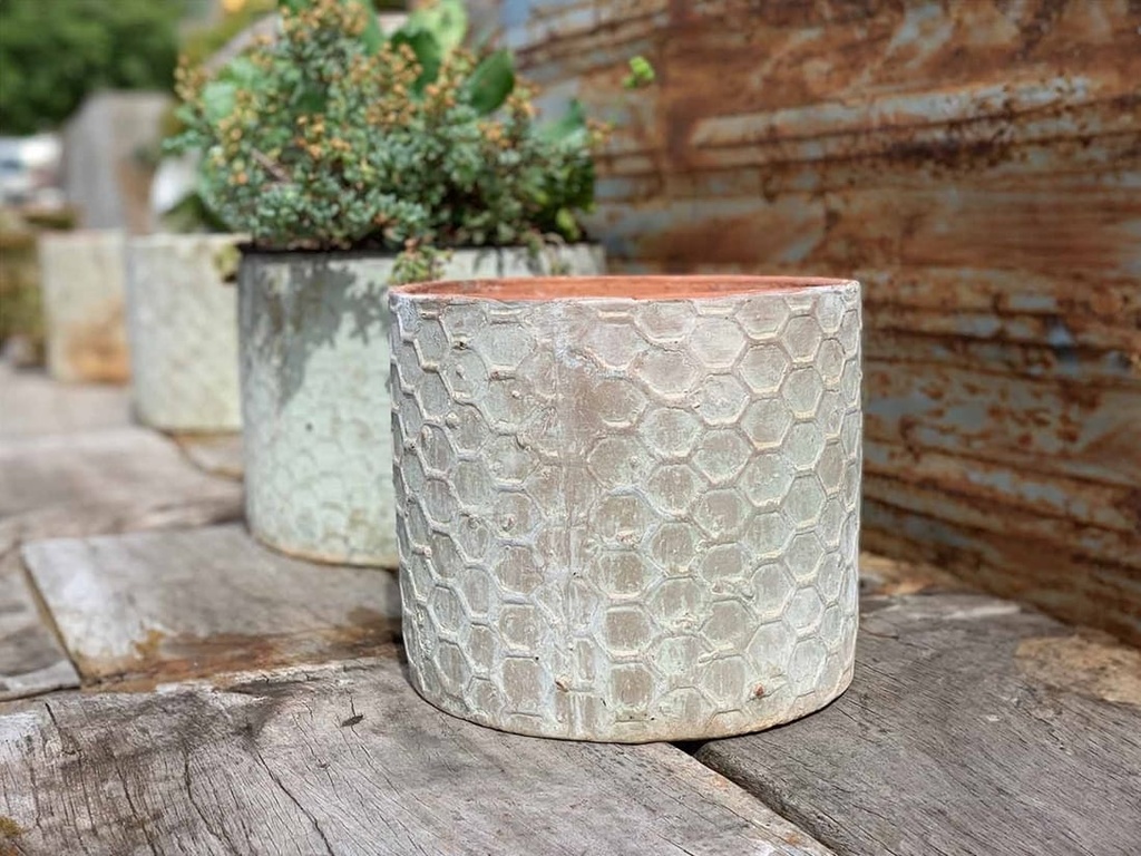 [PV-TST2628ATS-S4] TUSCAN VILLAGE HAND THROWN CYLINDER HEXAGON PLANTER, ATLANTIS SKY, SET OF 4 - 12.5" X 10.5", 10.5" X 9.5", 9.5" X 8.0", 7.0" X 6.5"