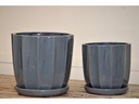 CLAMSHELL PLANTR WITH ATTACHED SAUCER, GLOSSY LAVA GREY, 8.5"X8.5"