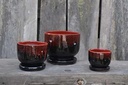 FINGER POT WITH ATTACHED SAUCERS, RED ON BLACK, SIZE B, 5.5"x5.0"4.5" (SOLD IN CASE OF 6)