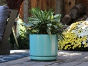 MID MODERN PLANTER WITH DETACHED SAUCER, AQUA MARIN SATIN, 12.0"X10.5", 12.0"X2.5"