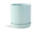 DOTTED CYLINDER PLANTER WITH ATTACHED SAUCER, PASTEL GREEN, 11"x11.5", SOLD IN CASE OF 2